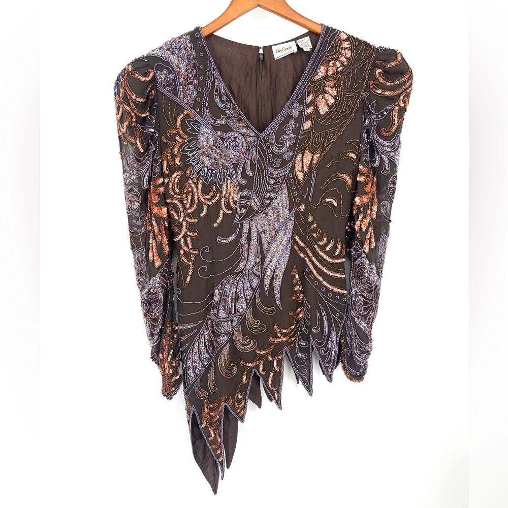 Vintage Brown 100% Silk Fairy Multicoored Sequin Bead Goblincore Embellished Top